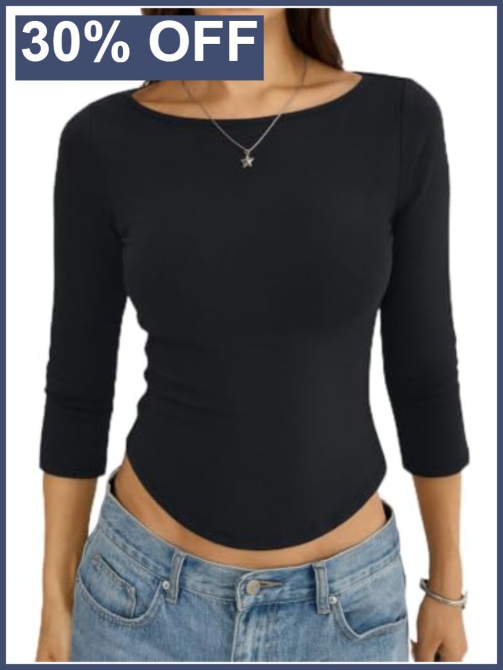 Womens Cotton 3/4 Sleeve Boat Neck Fitted T-Shirt